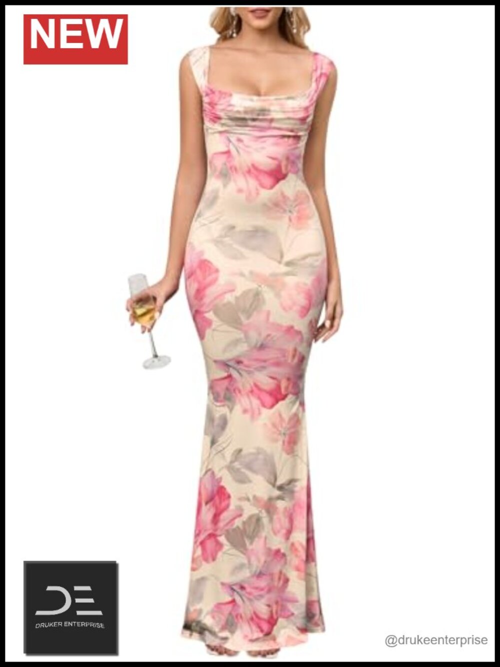 Women's Floral Bodycon Maxi Dress Cowl Neck Sleeveless Formal Wedding Guest